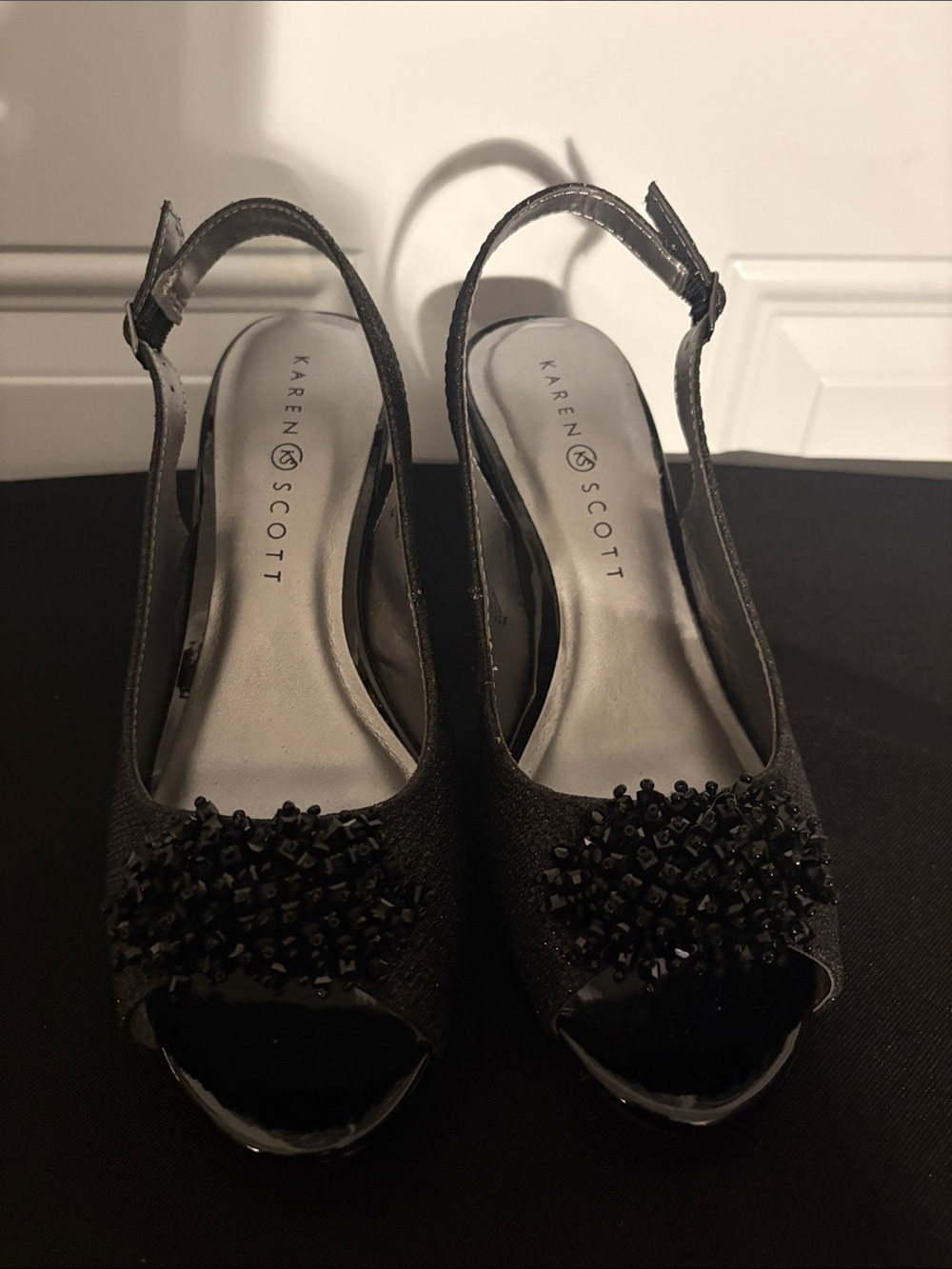 Karen Scott Black Beaded Peep-Toe Slingback Heels